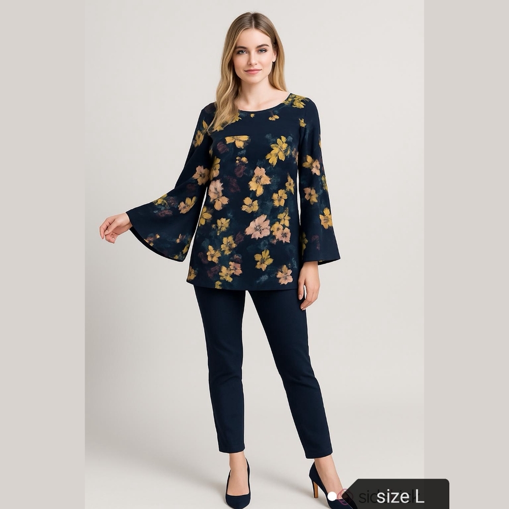 Nina Leonard Navy Blue Floral Jersey Top Large